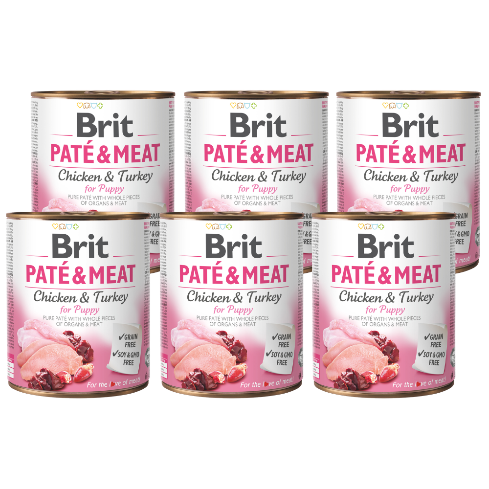 Promocja 5 szt + 1 szt Brit Pate & Meat Dog Puppy Chicken & Turkey