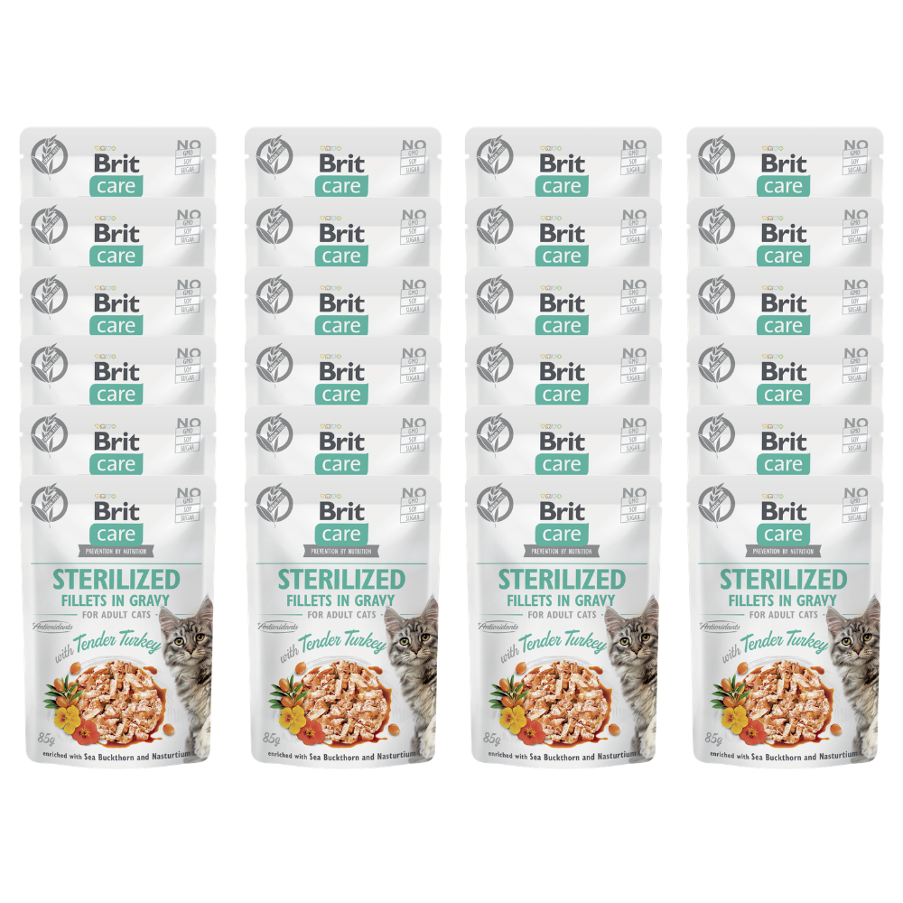 Promocja 20 szt + 4 szt Brit Care Cat Adult Sterilized Fillets in Gravy with Tender Turkey enriched with Sea Buckthorn & Nasturtium 85g