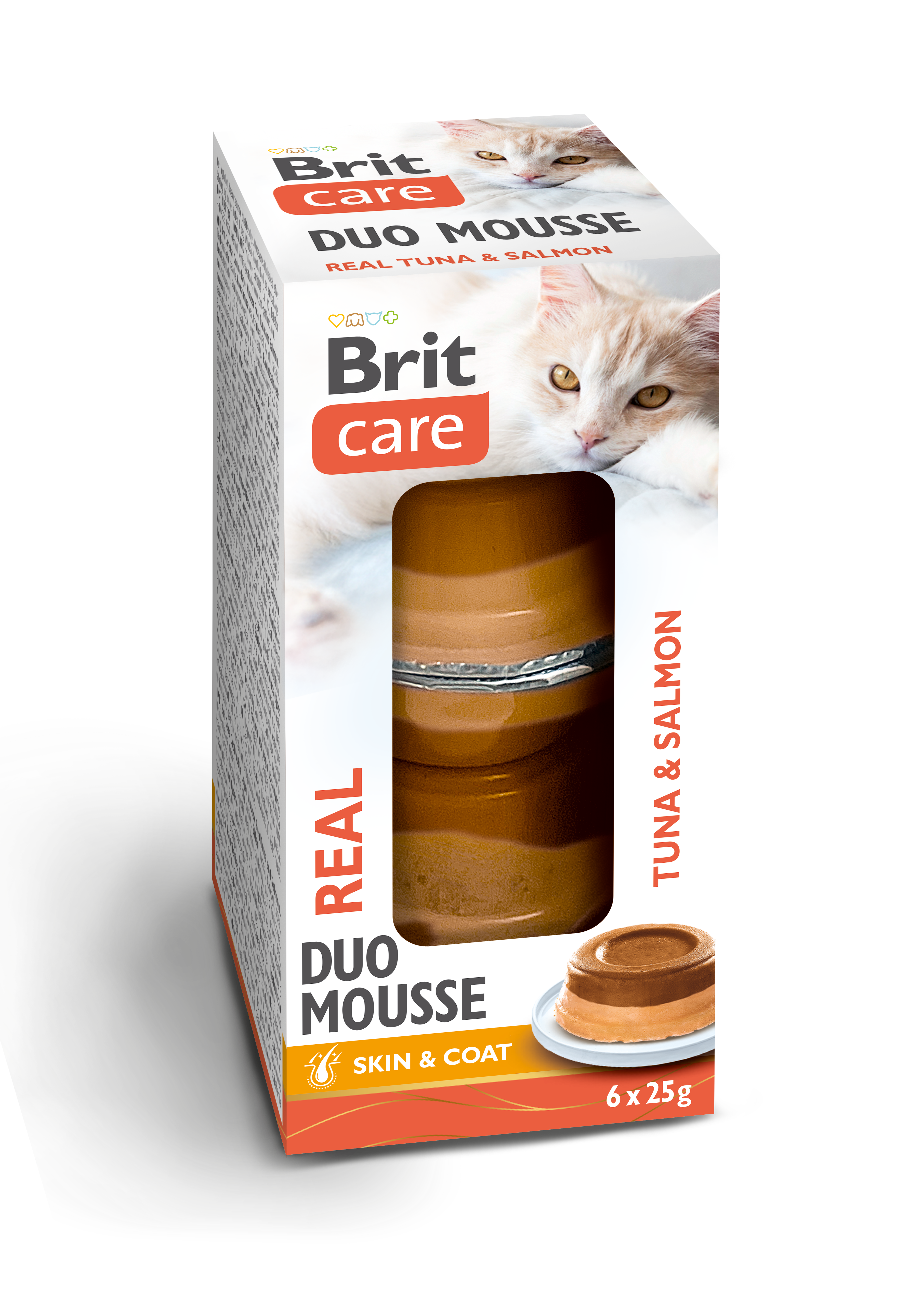 Brit Care Cat Double Layer Real Meat Mousse z tuńczykiem i łososiem 6x25g Wilgotna karma uzupełniająca dla kotów.