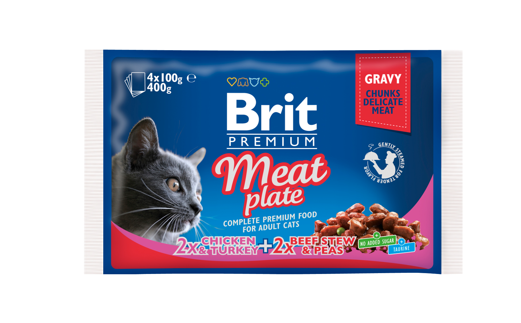 Brit Premium Cat Pouch Chunkies in Gravy Adult Meat Plate 4x100g Mokra karma dla kota w multipaku