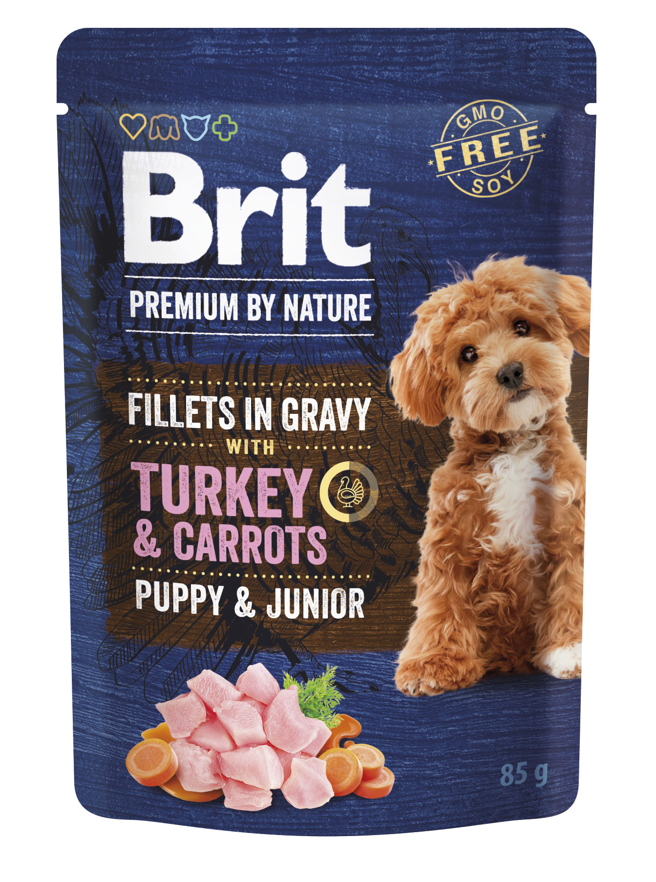 Brit Premium by Nature Dog Fillets in Gravy Puppy & Junior, indyk i marchewka, 85 g Pełnoporcjowa mokra karma premium dla szczeniąt i juniorów