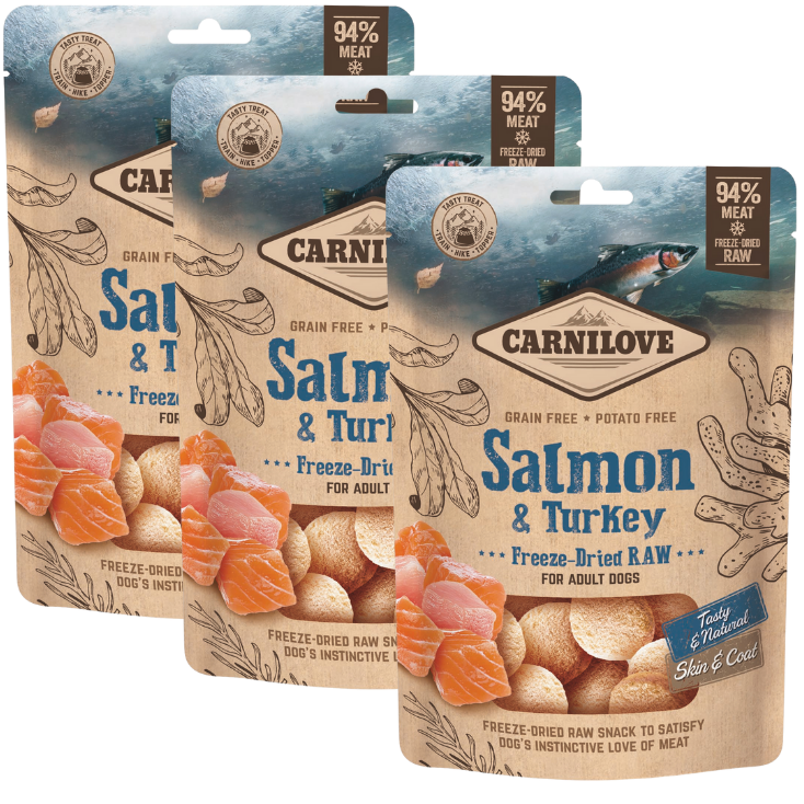 Zestaw "2+1" Carnilove Raw Freeze-dried Snack, łosoś i indyk (3x60g) Ekonomiczny pakiet uzupełniającej karmy dla psów
