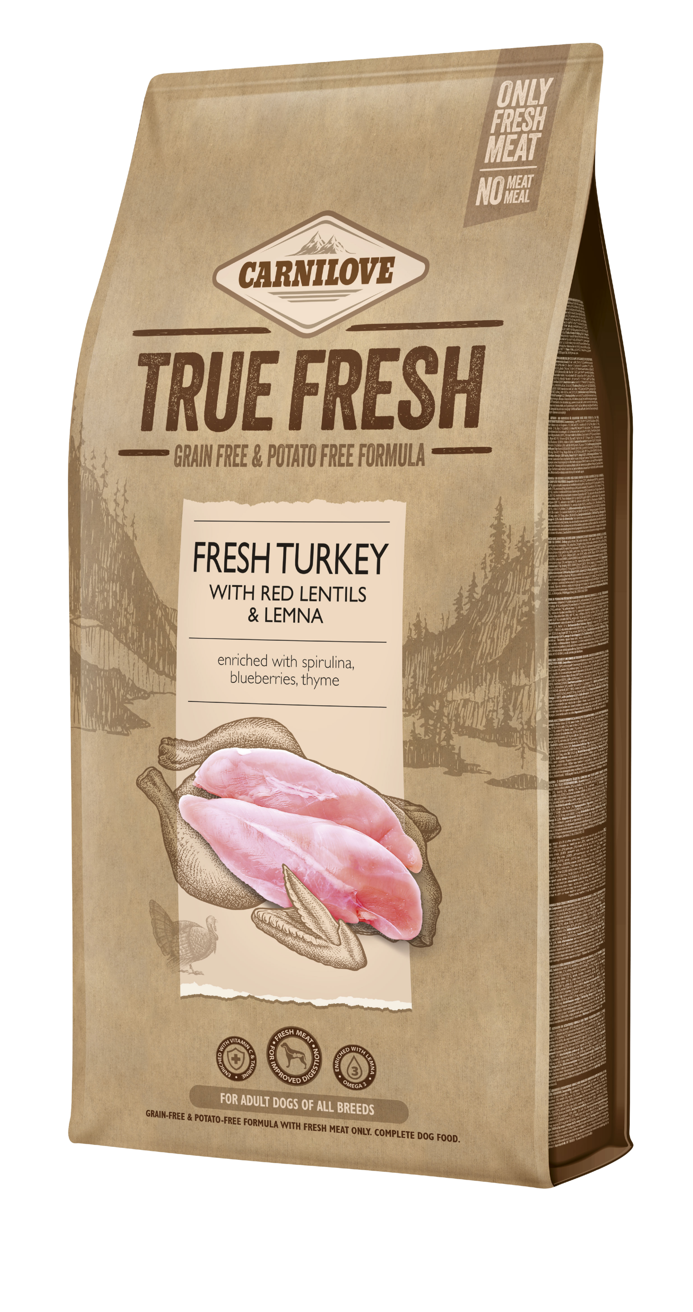 Carnilove True Fresh Dog Adult, indyk z czerwoną soczewicą i rzęsą wodną, 11,4kg Pełnoporcjowa sucha karma dla dorosłych psów