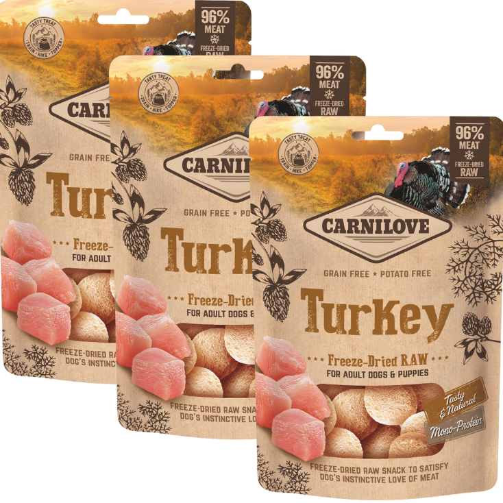 Zestaw "2+1" Carnilove Raw Freeze-dried Snack indyk (3x60g) Ekonomiczny pakiet uzupełniającej karmy dla psów