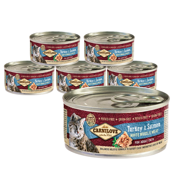 Zestaw "5+1" Carnilove Cat White Muscle Meat Adult, indyk i łosoś (6x100g) Pełnoporcjowa karma mokra dla kotów w ekonomicznym pakiecie