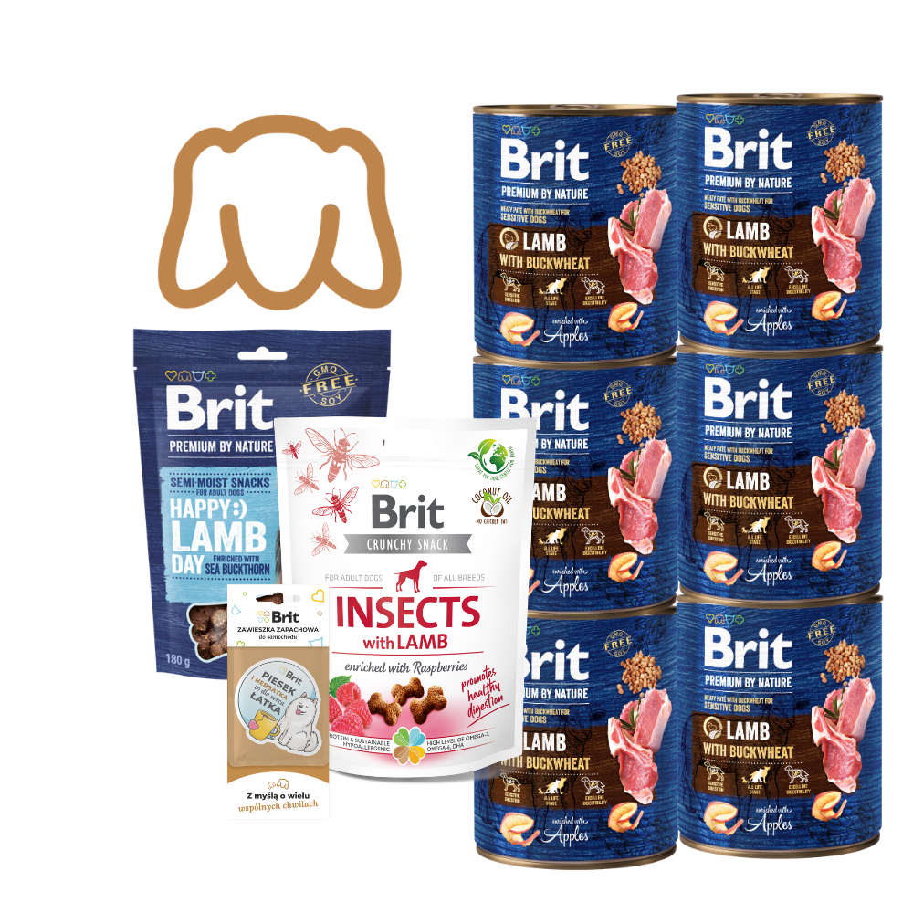 Pakiet Wakacyjny jagnięcina: Brit Premium Lamb 6x800g + 2 przysmaki i gadżet Spokojna głowa na wakacje