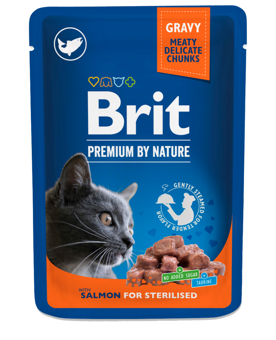 Brit Premium Cat Pouches, łosoś, 100 g Pełnoporcjowa karma mokra dla dorosłych kotów sterylizowanych