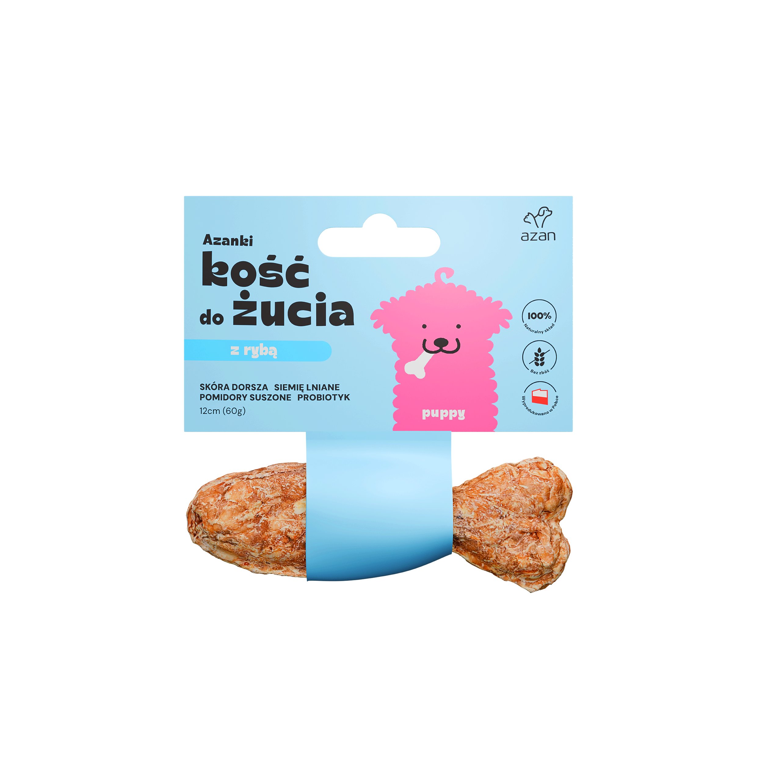 Azanki Kość do żucia PUPPY ze skórą dorsza, siemieniem lnianym, pomidorami suszonymi i probiotykiem 12cm
