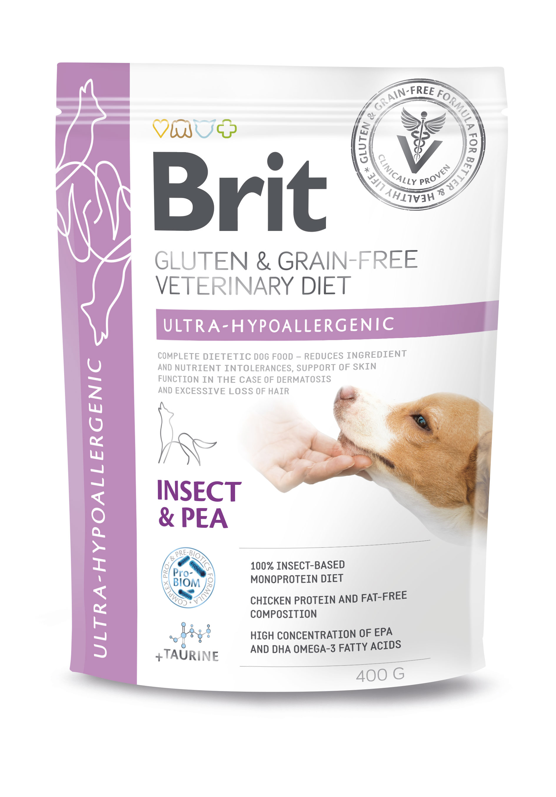 Brit Veterinary Diets Dog Gluten & Grain Free Ultra-Hypoallergenic, białko owadów i groch, 400 g Dietetyczna karma dla psów z nietolerancjami pokarmowymi
