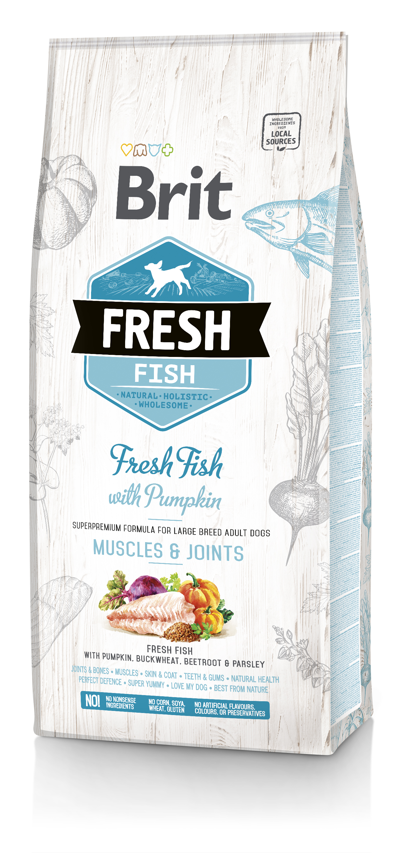 Brit Fresh Adult Large Muscles & Joints, ryba z dynią, 12 kg Wspierająca mięśnie i stawy karma premium dla dorosłych psów dużych ras