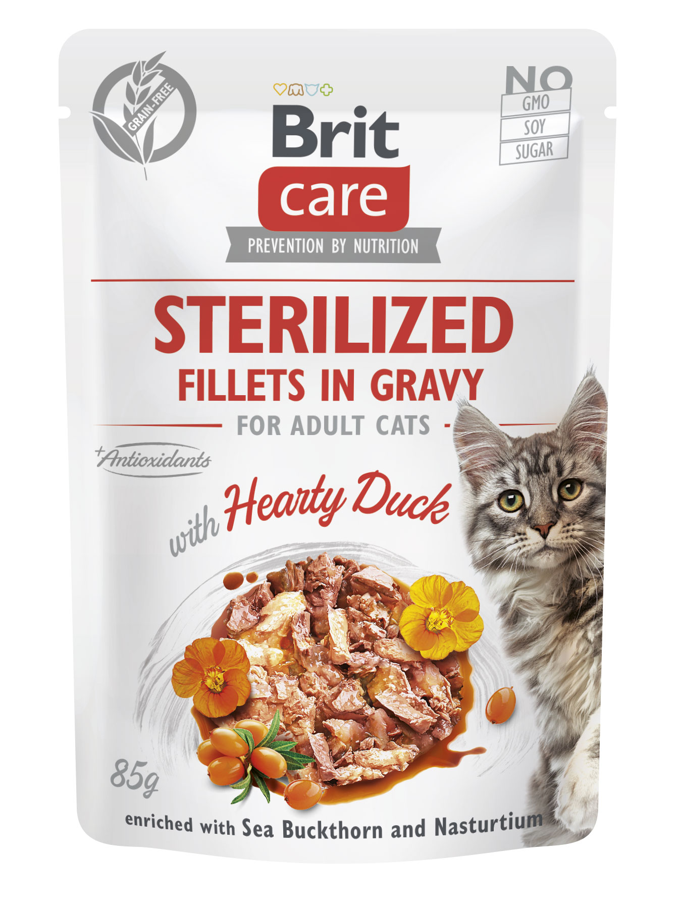 Brit Care Cat Fillets in Gravy Sterilized, kaczka, nasturcja i rokitnik zwyczajny Pełnoporcjowa karma mokra dla dorosłych kotów sterylizowanych