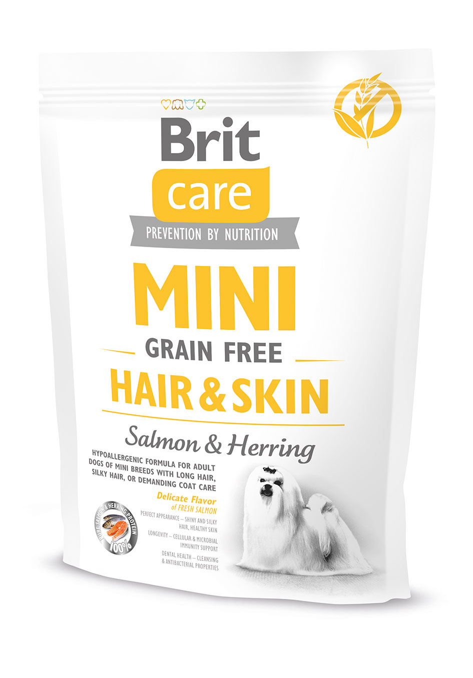 Brit Care Mini Grain-Free Hair & Skin, łosoś i śledź, 400 g Pełnoporcjowa karma sucha dla dorosłych psów ras miniaturowych
