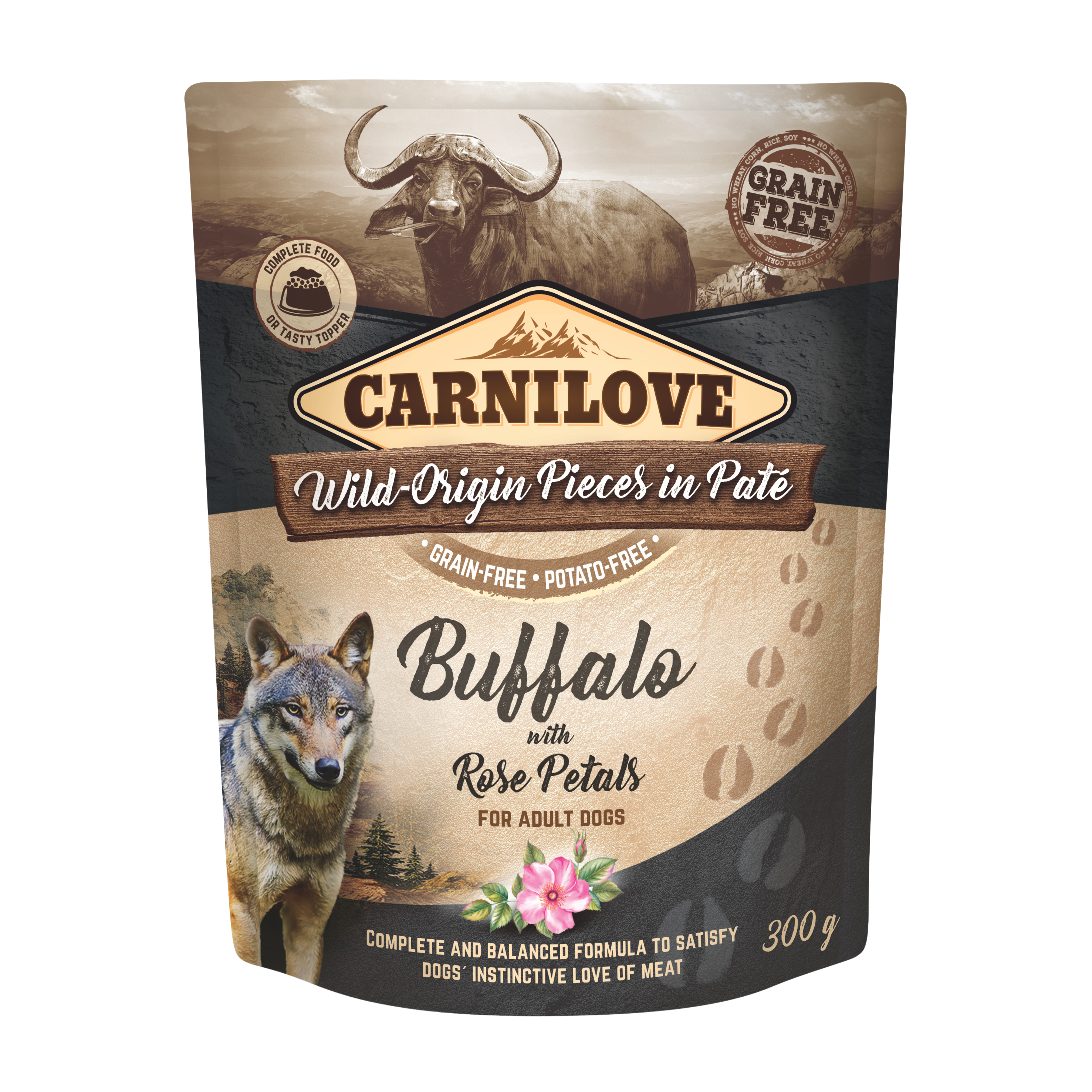 Carnilove Dog Pouch, bawół z płatkami róży, 300g Bezzbożowa karma dla dorosłych psów wszystkich ras