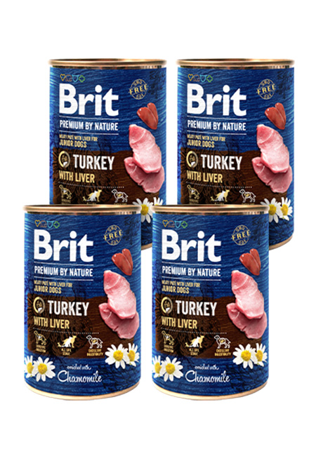 Zestaw 4 x 400g Brit Premium by Nature Junior, indyk z wątrobą Pełnoporcjowa karma mokra dla młodych psów wszystkich ras w ekonomicznym zestawie