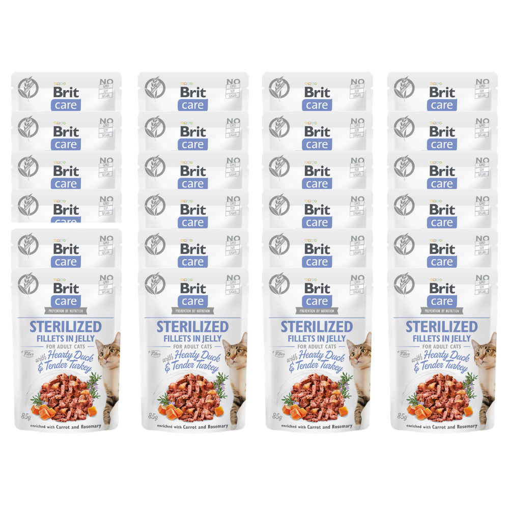 Promocja 20 szt + 4 szt Brit Care Cat Adult Sterilized Fillets in Jelly with Hearty Duck & Tender Turkey enriched with Carrot & Rosemary 85g