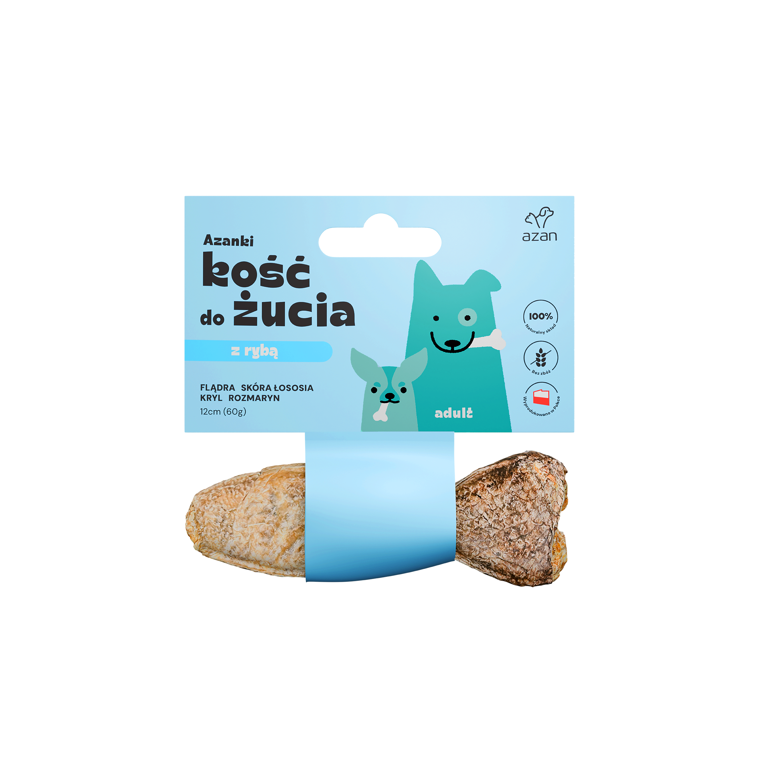 Azanki Kość do żucia ADULT z flądrą, rozmarynem i krylem w skórze łososia 12cm