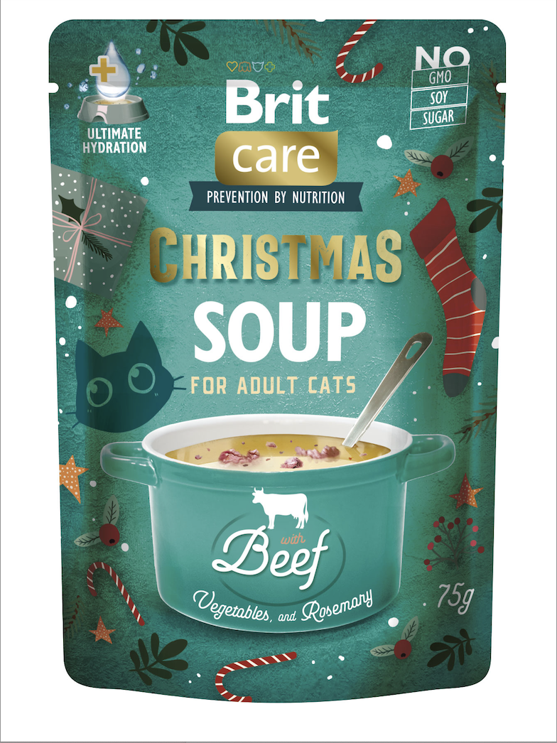 Brit Care Cat Christmas Soup, Wołowina z warzywami i rozmarynem, 75g Aromatyczna, świąteczna zupa z wołowiną i warzywami dla dorosłych kotów.