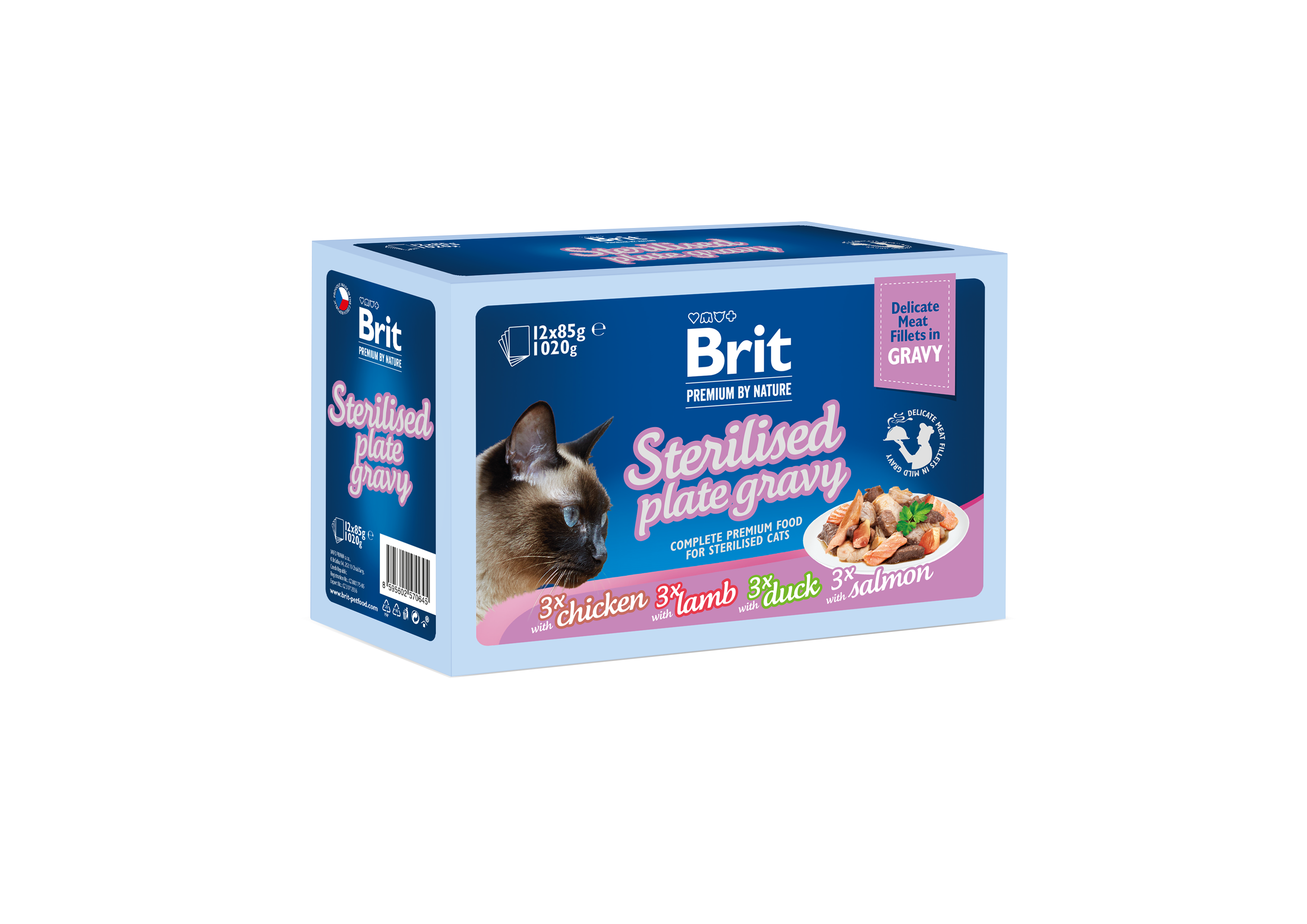 Zestaw Family Plate Brit Premium Cat Pouches Fillets in Gravy Sterilised, mix smaków w sosie, 12 x 85g Zestaw różnych smaków pełnoporcjowej karmy mokrej w filetach w sosie dla sterylizowanych kotów wszystkich ras.