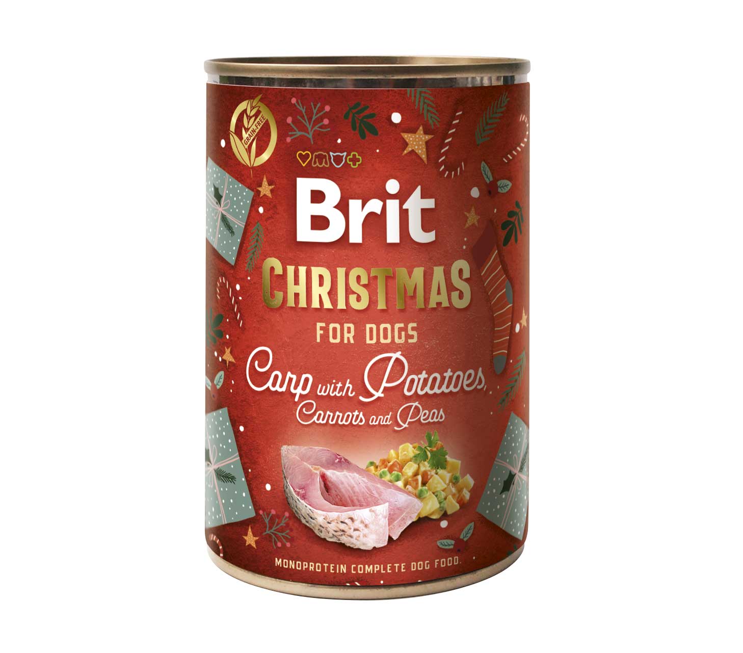 Brit Christmas Mono Protein, karp z ziemniakami, 400g Monobiałkowa karma mokra z karpiem i ziemniakami w specjalnej, świątecznej odsłonie dla ps&oacute;w.