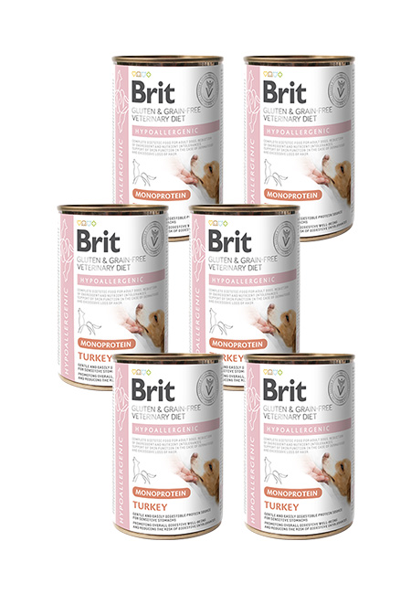 Zestaw 6x400g Brit Veterinary Diets Hypoallergenic, indyk, Weterynaryjna karma hipoalergiczna dla dorosłych psów w ekonomicznym zestawie