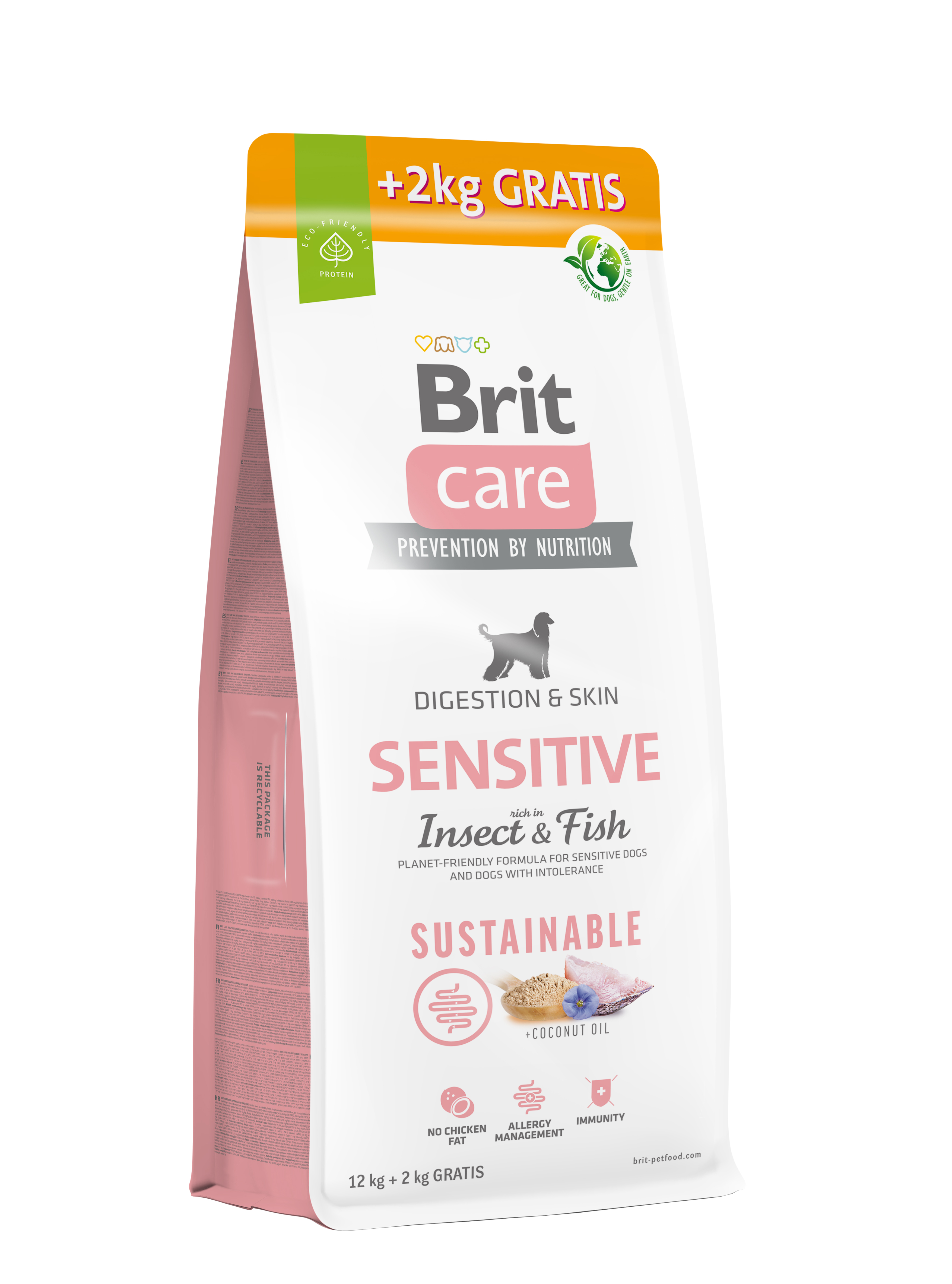 Brit Care Sustainable Sensitive, owady i ryba, 12 + 2 kg Pełnoporcjowa karma dla dorosłych ps&oacute;w wszystkich ras o wrażliwej sk&oacute;rze i sierści