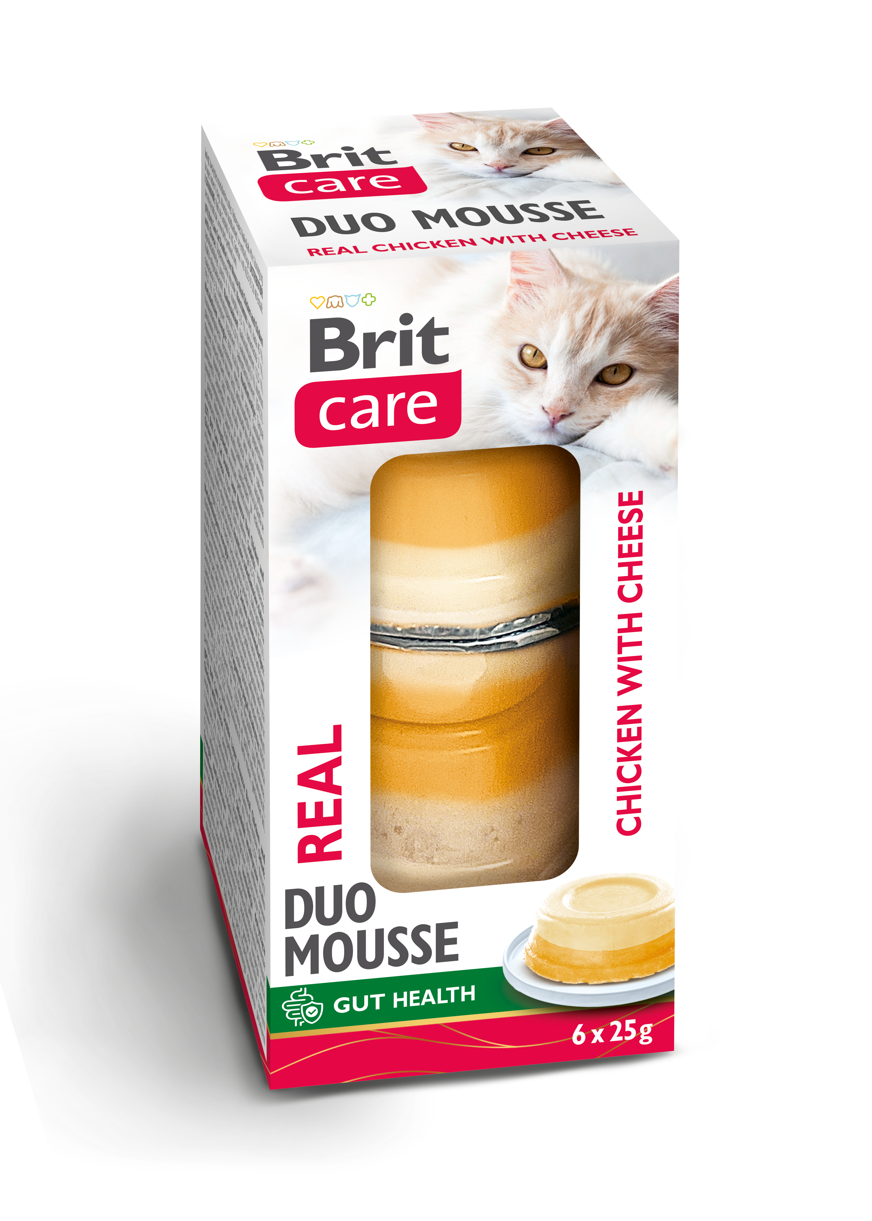 Brit Care Cat Double Layer Real Meat Mousse z kurczakiem oraz kurczakiem i serem 6x25g Wilgotna karma uzupełniająca dla kotów.