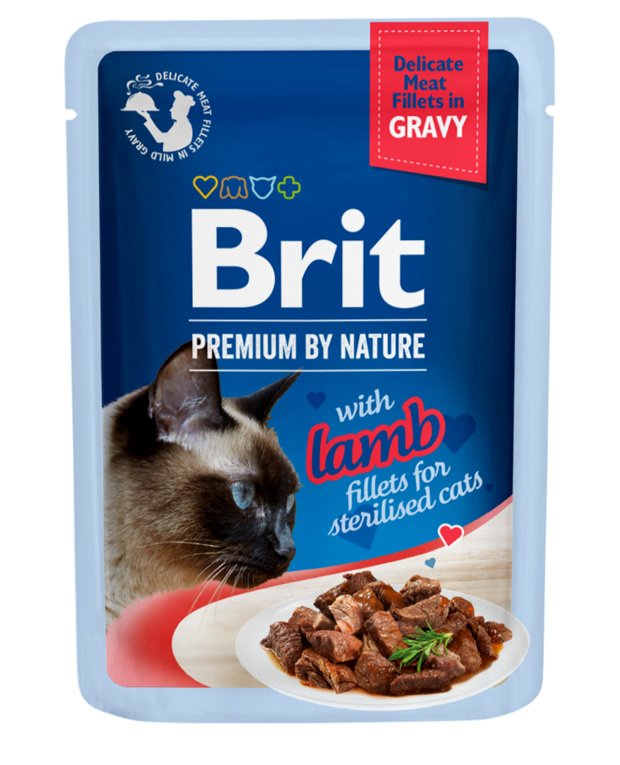 Brit Premium Cat Pouch Fillets in Gravy for Sterilised, jagnięcina, 85g TERMIN 22/08/26 Outlet – krótka data, pełna wartość! Nie marnuj, oszczędzaj i chroń planetę.
