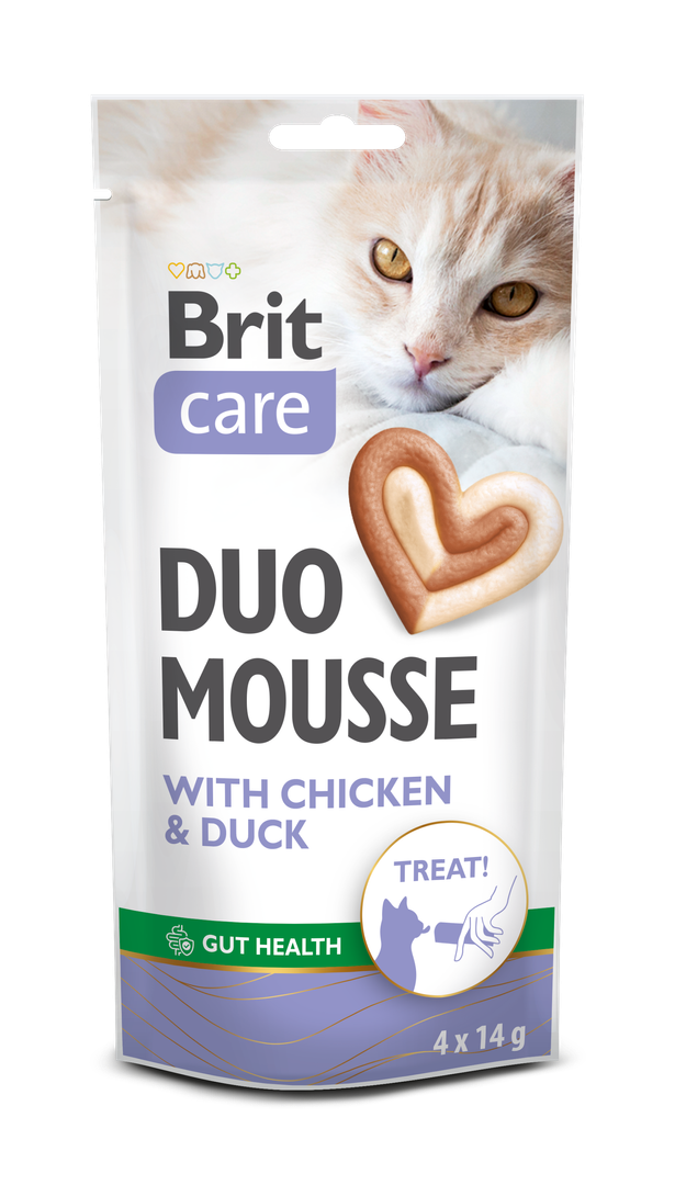 Brit Care Cat Creamy Duo Mousse z kurczakiem i kaczką 4x14g Bezzbożowa wilgotna karma uzupełniająca dla kotów.