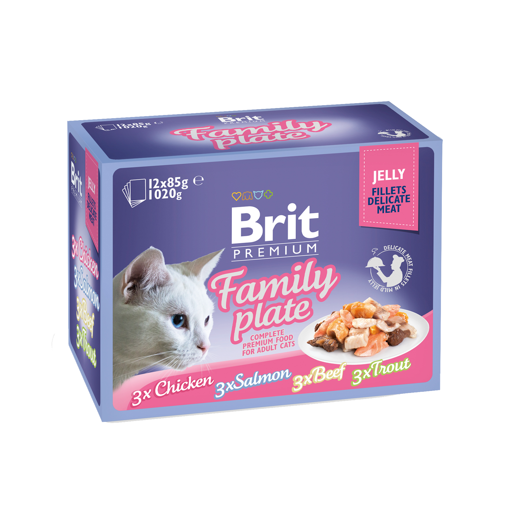 Zestaw Family Plate Brit Premium Cat Pouches Fillets in Jelly, mix smaków w galaretce, 12 x 85g Zestaw różnych smaków pełnoporcjowej karmy mokrej w filetach w galaretce dla dorosłych kotów wszystkich ras.