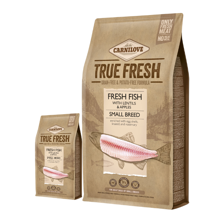 Zestaw 11,4kg + 1,4kg Carnilove True Fresh Dog Adult Small Breed, ryba z ciecierzycą i jabłkami Pełnoporcjowa sucha karma dla dorosłych psów małych ras w ekonomicznym pakiecie