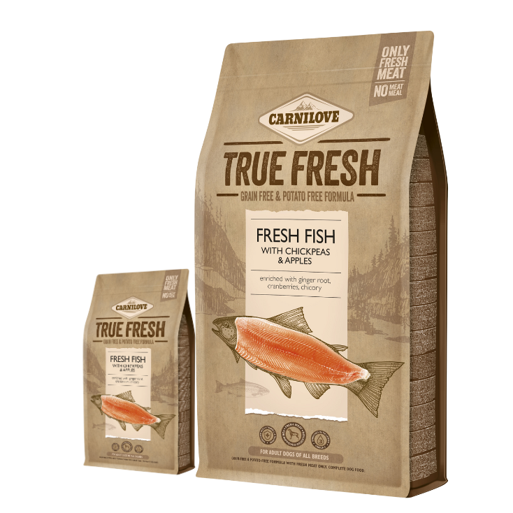 Zestaw 11,4kg + 1,4kg Carnilove True Fresh Dog Adult, ryba z ciecierzycą i jabłkami Pełnoporcjowa sucha karma dla dorosłych psów w ekonomicznym pakiecie