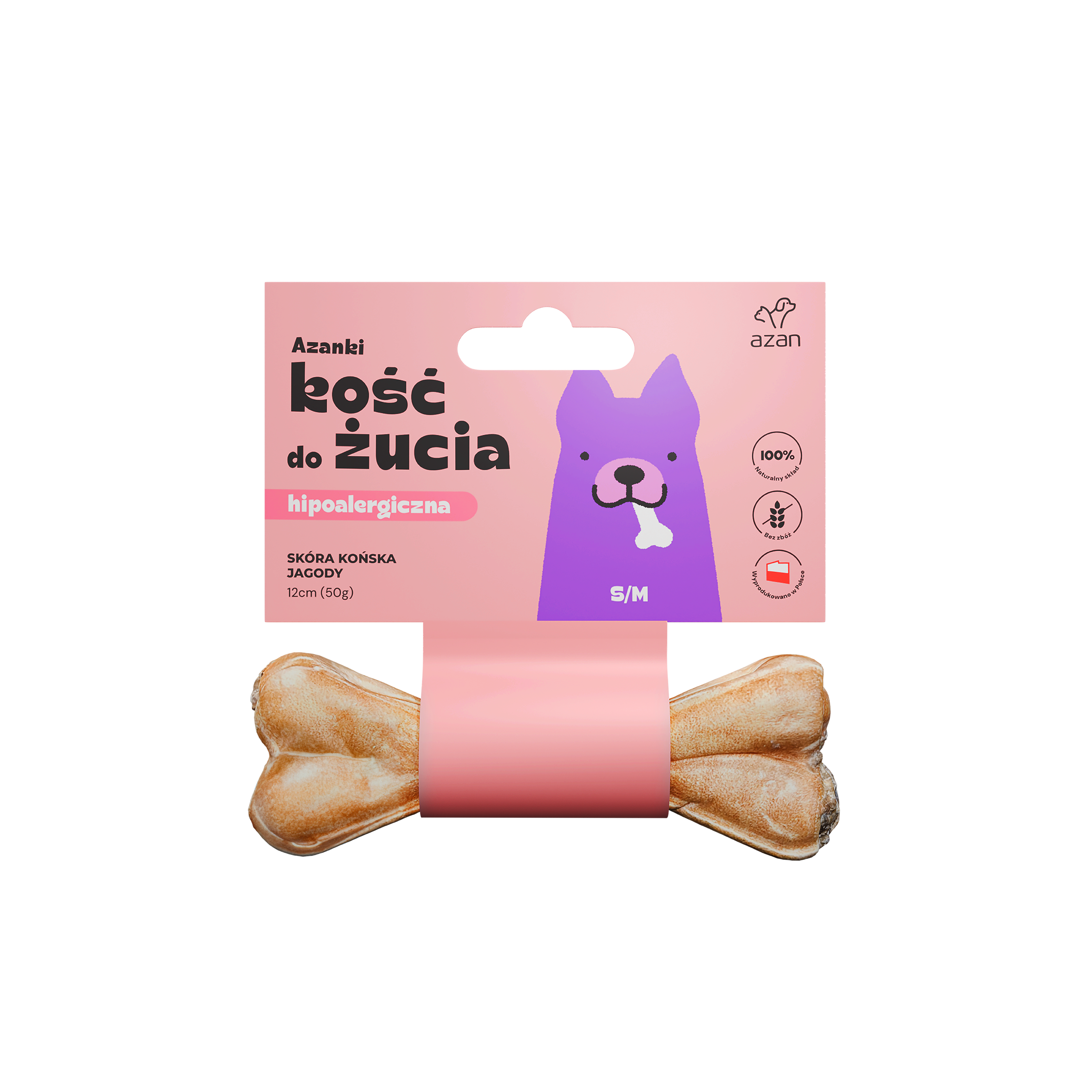 Azanki Kość do żucia S/M ze skóry końskiej z jagodami 12cm