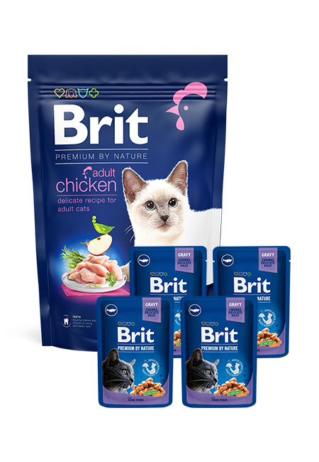 Zestaw Brit Cat Adult Kurczak 1,5kg + 4x100g Brit Premium Pouches Dorsz Zestaw pełnoporcjowej karmy suchej i mokrej dla kotów dorosłych