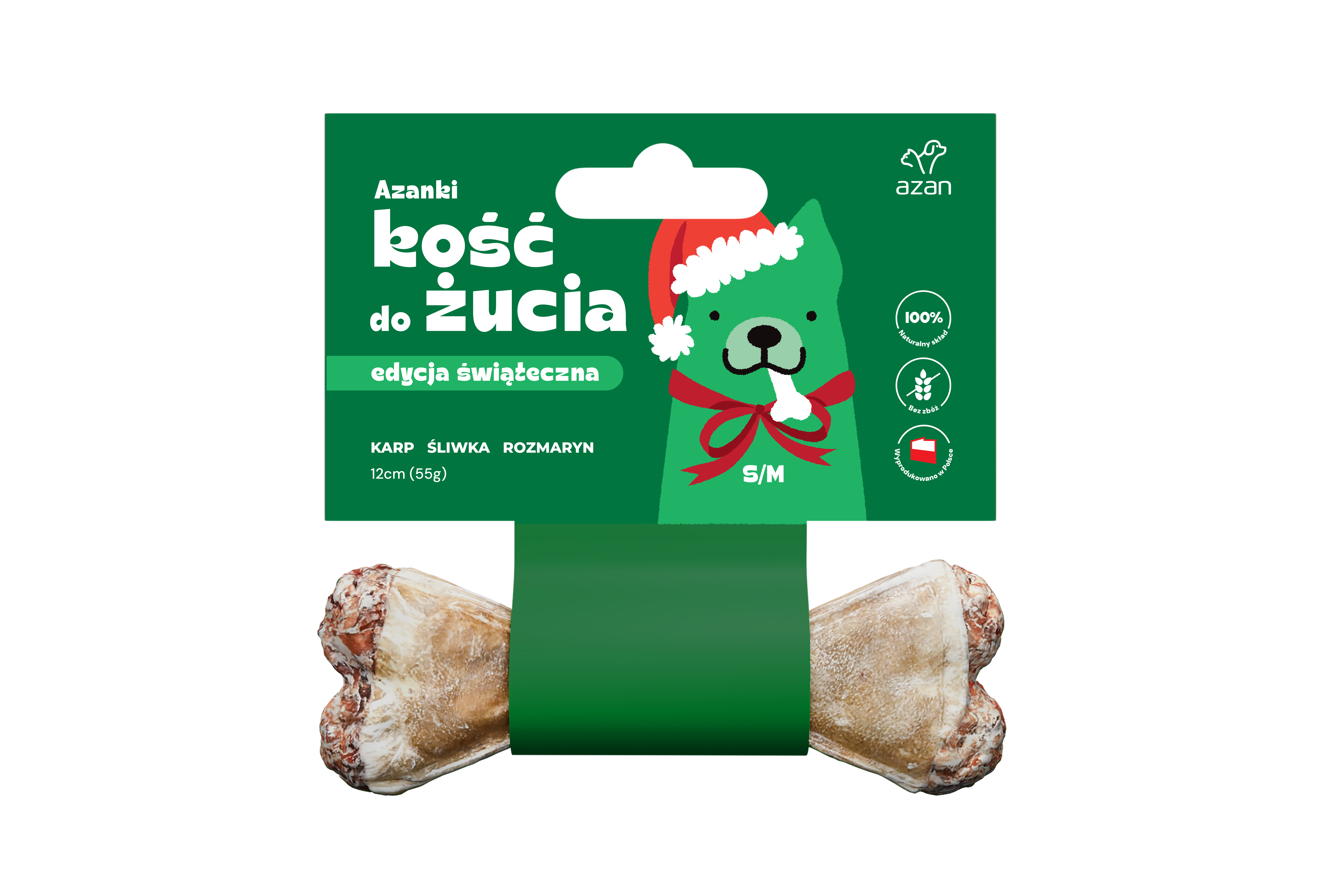 AZANKI Kość do żucia w skórze wołowej z karpiem, śliwką i rozmarynem (S/M 12cm/55g)