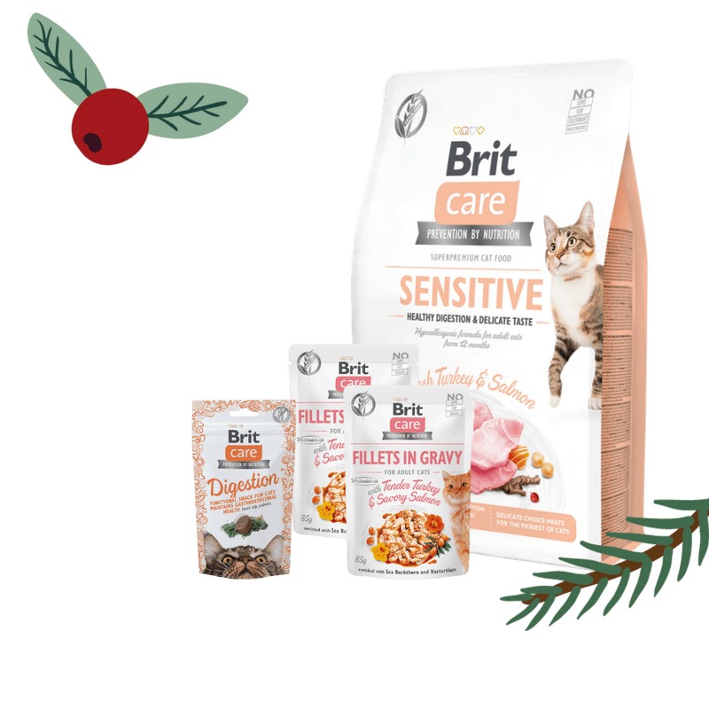 Gwiazdkowy zestaw Brit Care dla kotów wrażliwych Pakiet pełnoporcjowej suchej karmy, mokrej karmy w saszetkach oraz przysmaku na Świąteczne dni
