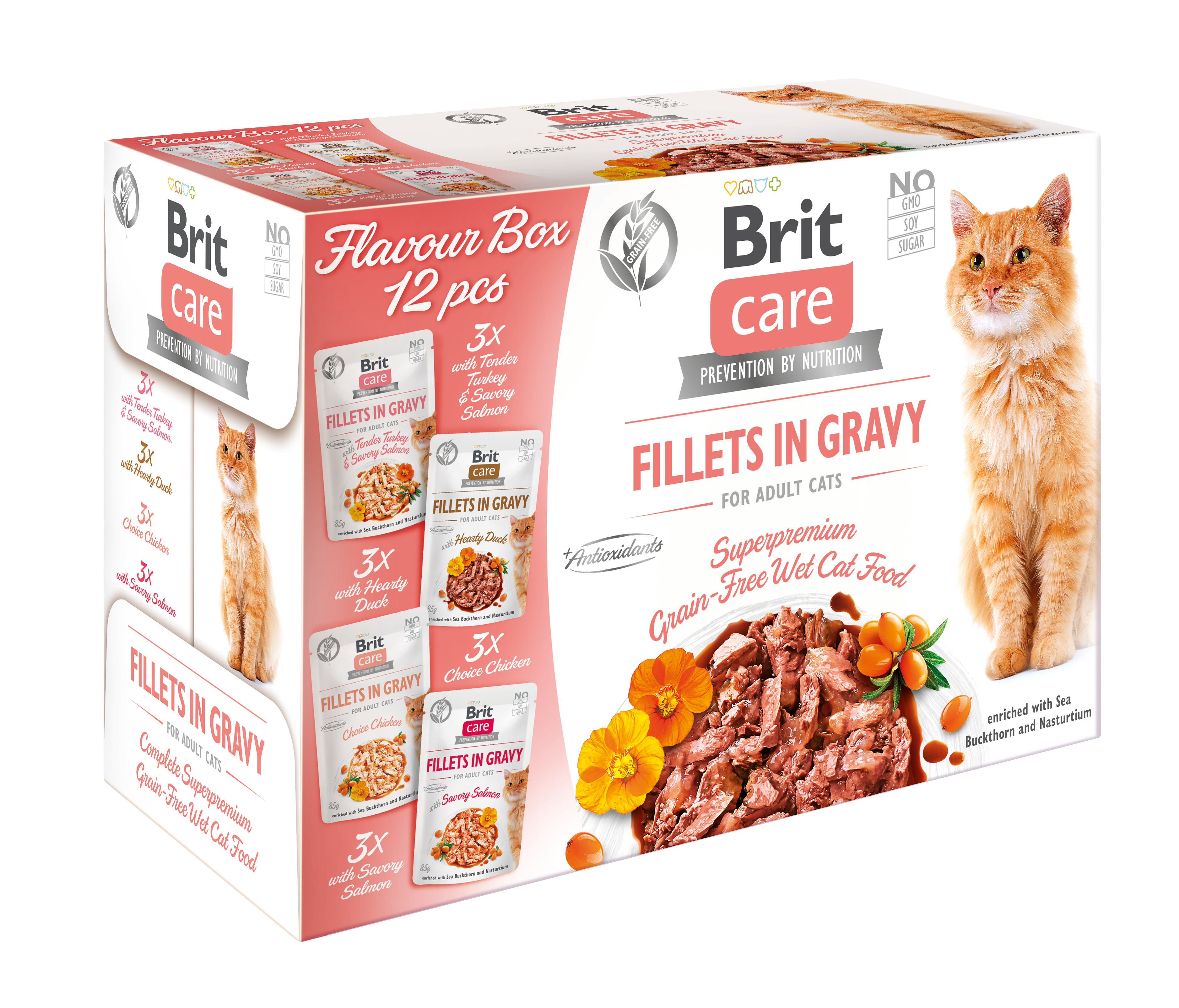 Brit Care Cat Adult Multipack Fillets in Gravy, różne smaki, 12 x 85 g Zestaw mokrych karm pełnoporcjowych dla dorosłych kotów.