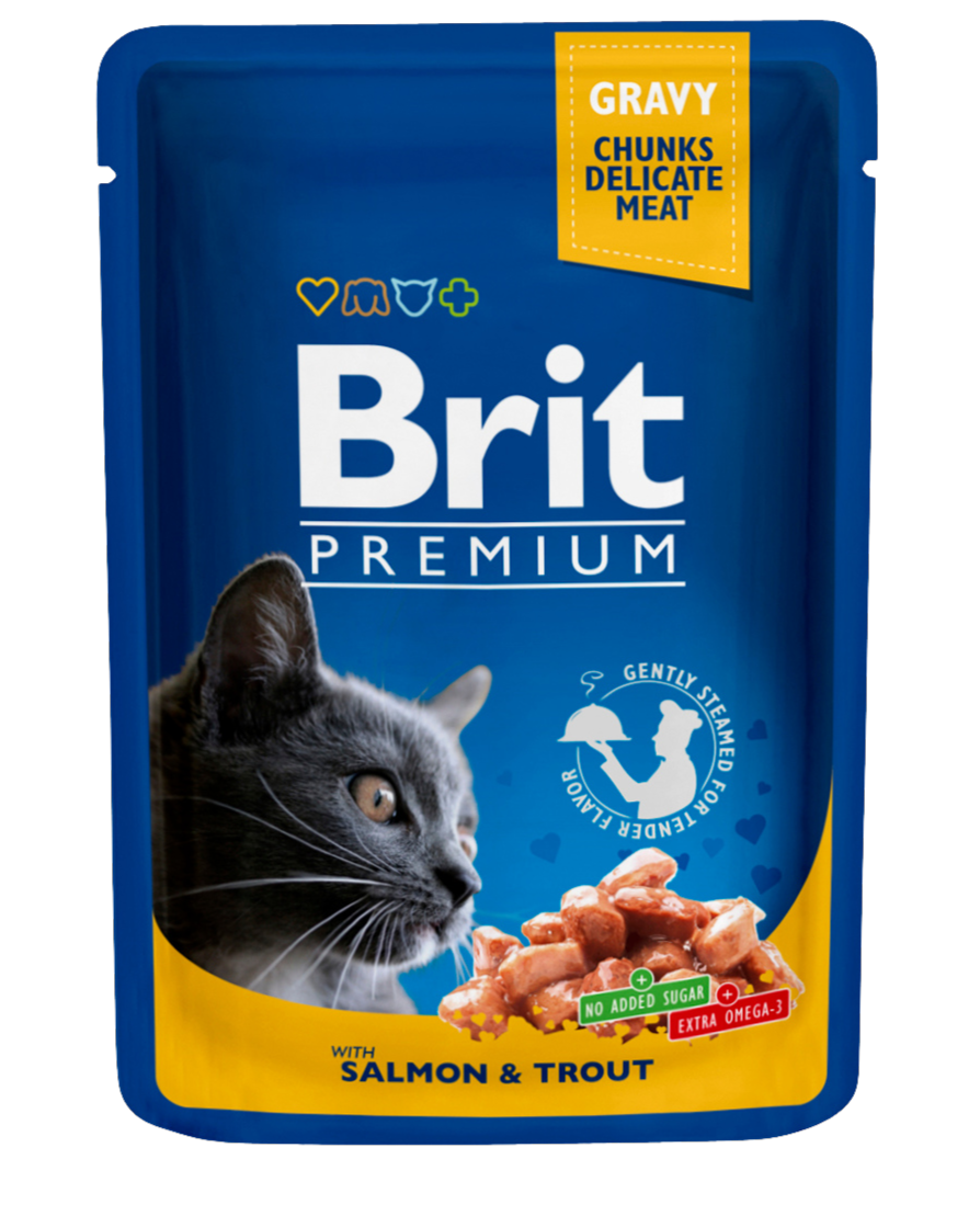Brit Premium Cat Pouches, łosoś i pstrąg, 100 g Pełnoporcjowa karma mokra dla dorosłych kotów wszystkich ras
