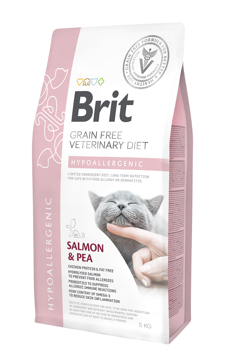 Brit Veterinary Diets Cat Grain-free Hypoallergenic, łosoś i groch, 5 kg Bezzbożowa, hipoalergiczna karma dietetyczna dla kociąt i dorosłych kotów z problemami dermatologicznymi