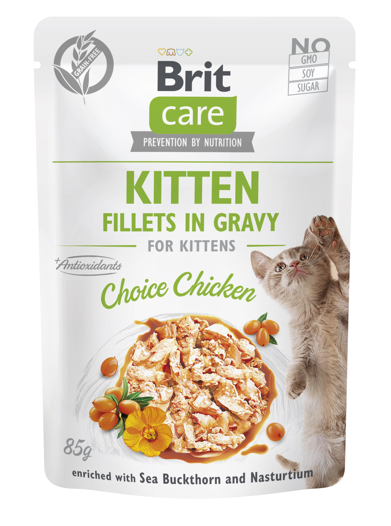 Brit Care Cat Kitten Fillets in Gravy, kurczak, rokitnik zwyczajny i nasturcja Pełnoporcjowa mokra karma dla kociąt