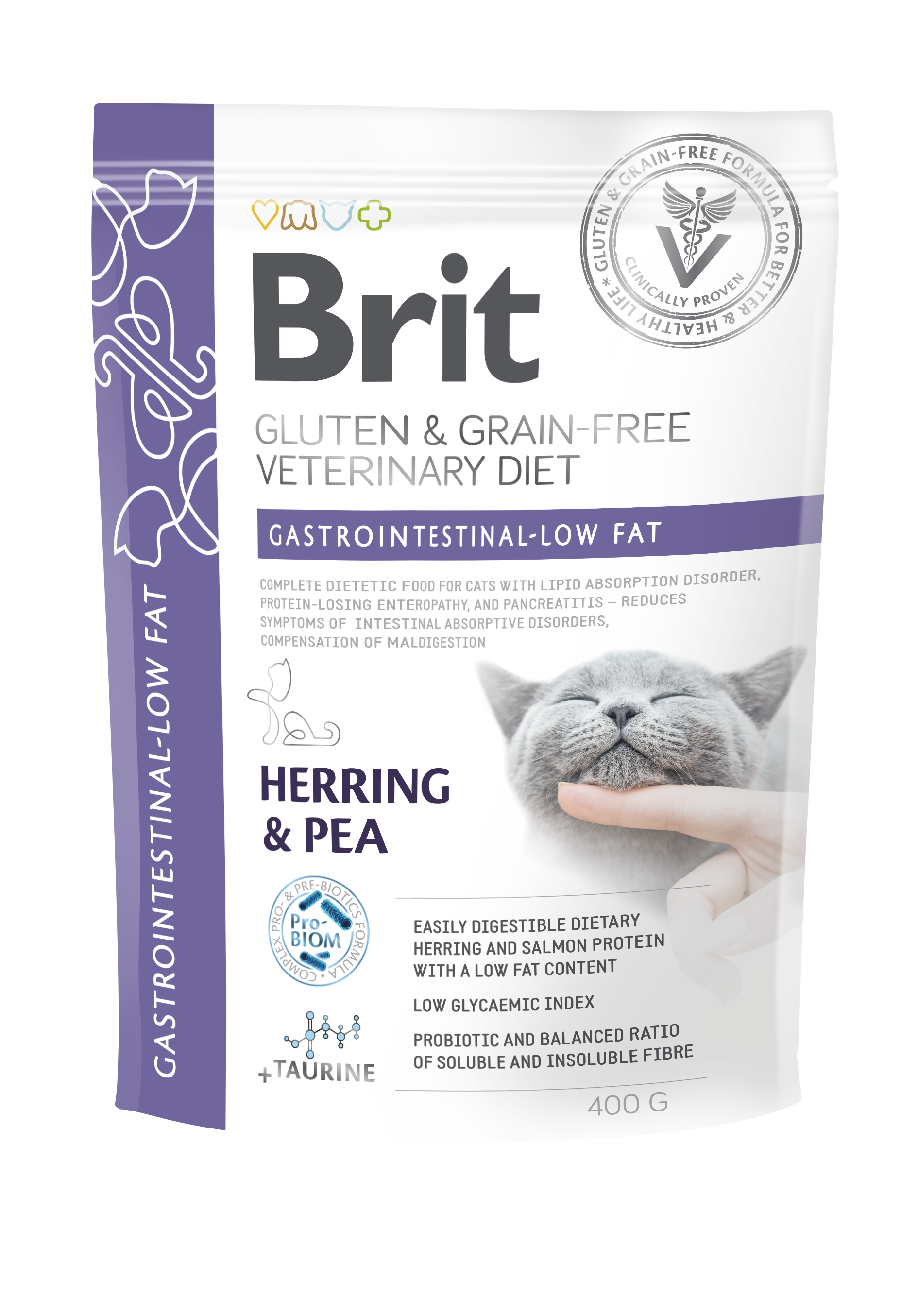 Brit Veterinary Diets Cat Grain-free Gastrointestinal Low Fat, śledź i groch, 400 g Dietetyczna karma dla kotów z zaburzeniami trawienia