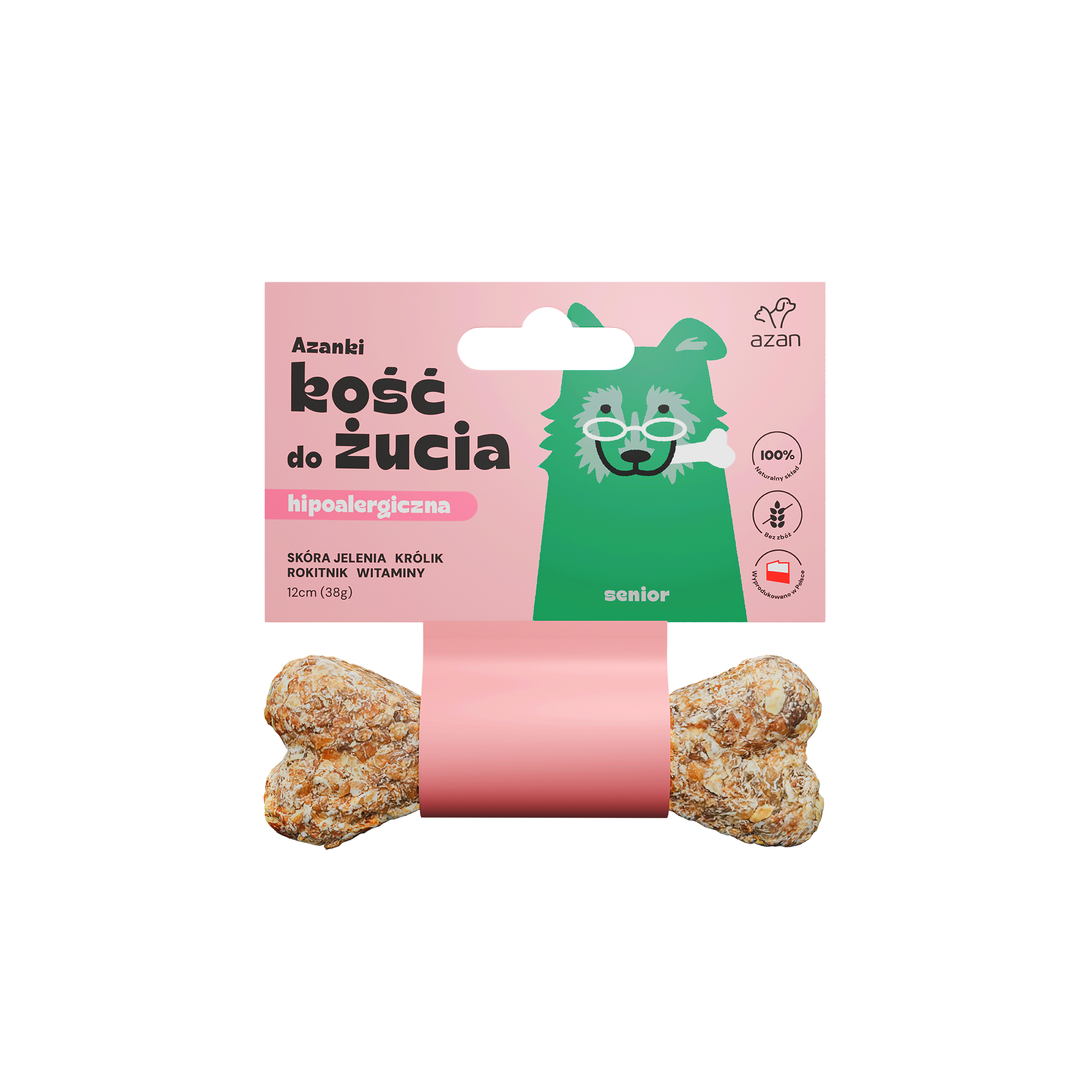 Azanki Kość do żucia SENIOR ze skóry jelenia z królikiem, rokitnikiem i witaminami 12cm