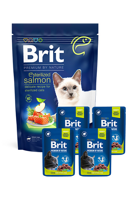 Zestaw Brit Premium Cat Sterilized 1,5kg + 4x100g Brit Premium Pouch Jagnięcina Sucha oraz mokra karma dla kotów sterylizowanych w ekonomicznym zestawie.