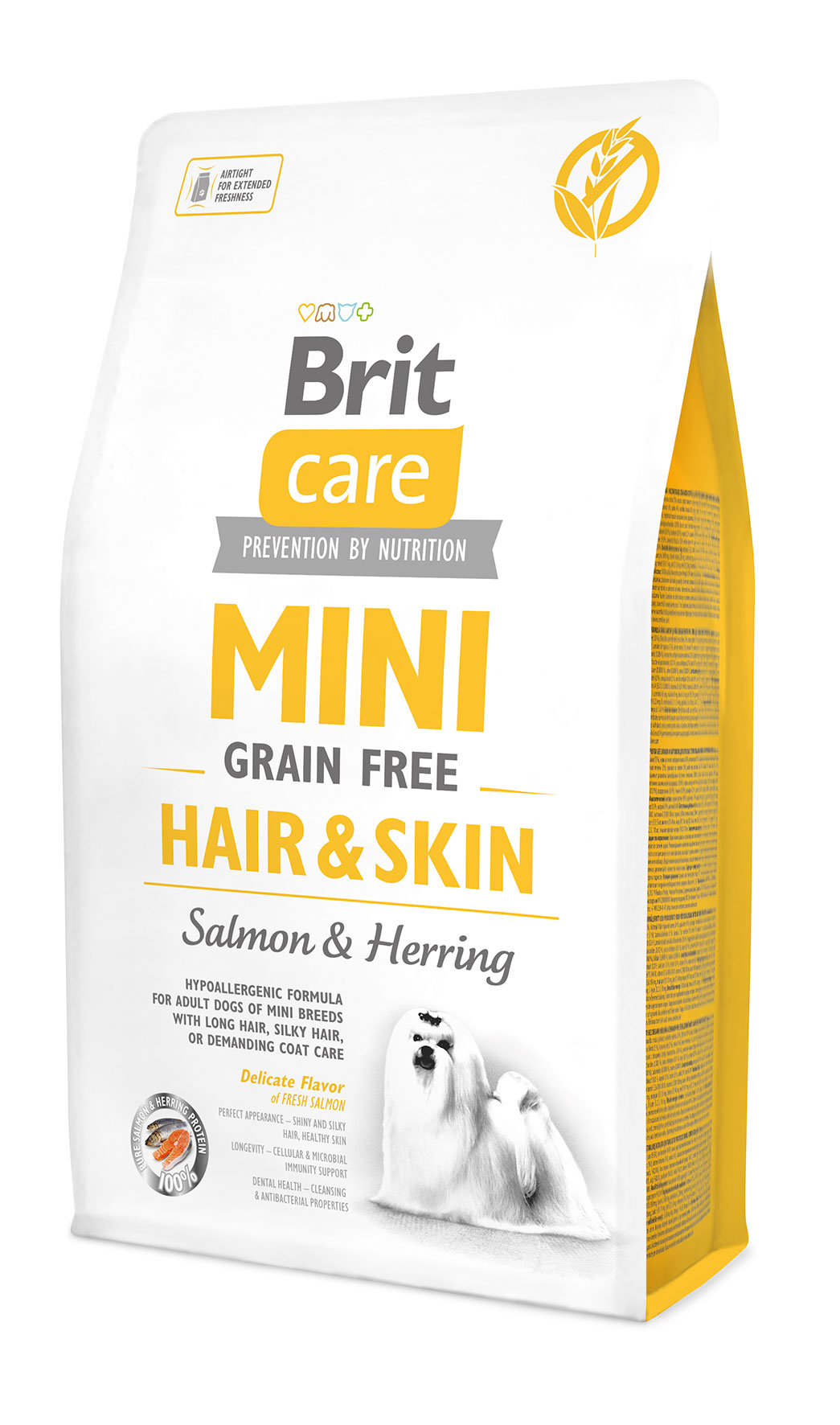Brit Care Mini Grain-Free Hair & Skin, łosoś i śledź, 2 kg Pełnoporcjowa karma sucha dla dorosłych psów ras miniaturowych