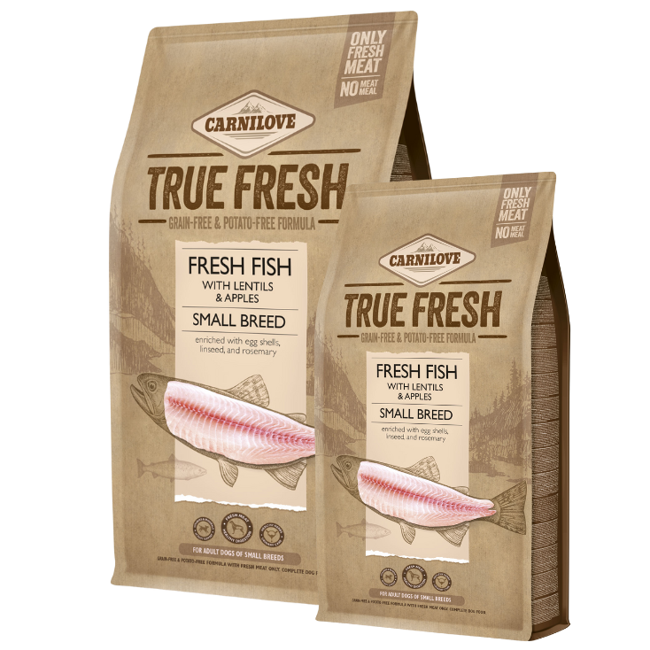 Zestaw 4kg + 1,4kg Carnilove True Fresh Dog Adult Small Breed, ryba z ciecierzycą i jabłkami Pełnoporcjowa sucha karma dla dorosłych psów małych ras w ekonomicznym pakiecie