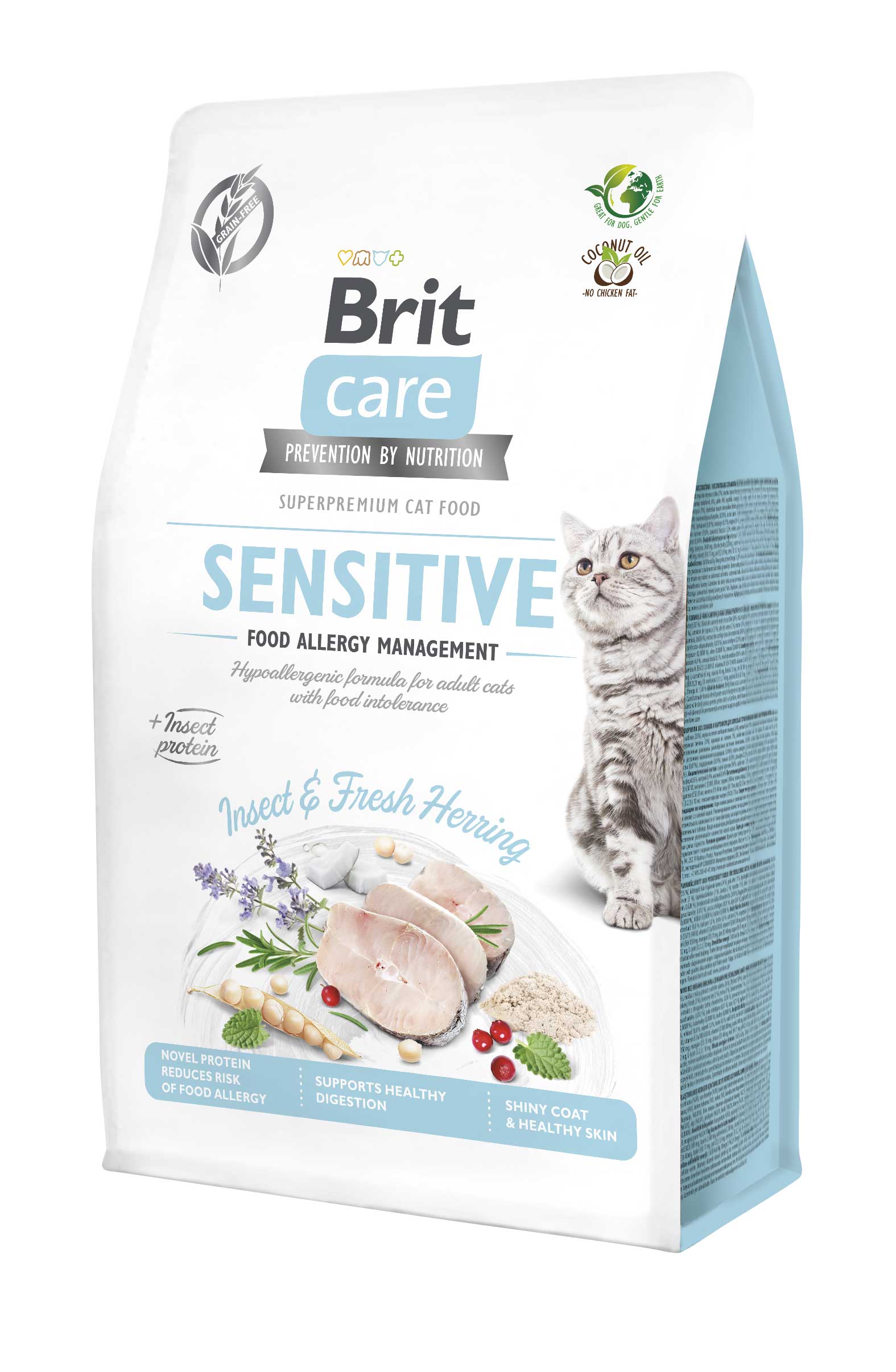 Brit Care Cat Grain-Free Sensitive, owady i śledź, 400 g Pełnoporcjowa karma sucha dla dorosłych kotów z alergiami i nietolerancjami pokarmowymi