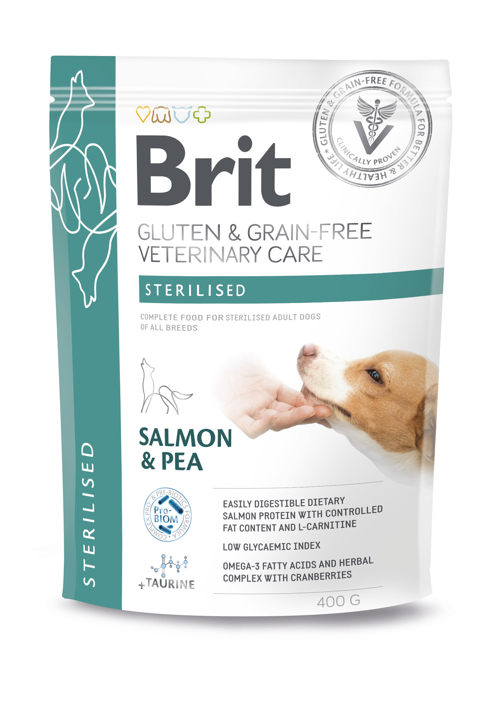 Brit Veterinary Care Dog Gluten & Grain Free Sterilized, łosoś i groch, 400 g Bezglutenowa i bezzbożowa karma dla dorosłych psów sterylizowanych