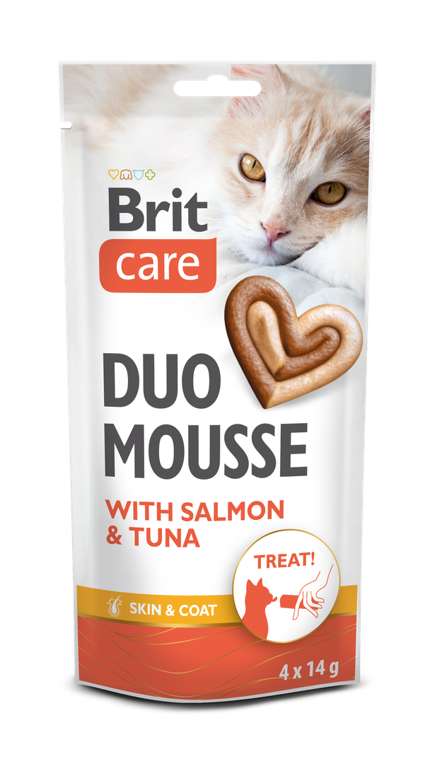 Brit Care Cat Creamy Duo Mousse z łososiem i tuńczykiem 4x14g Bezzbożowa wilgotna karma uzupełniająca dla kotów.