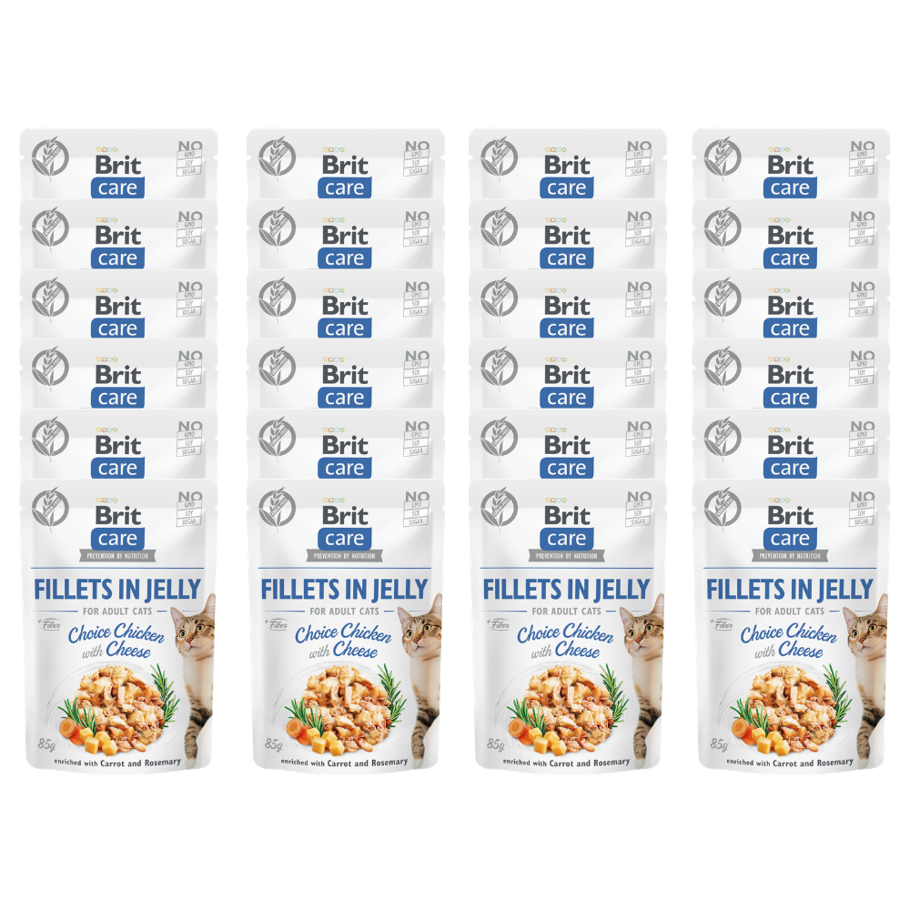 Promocja 20 szt + 4 szt Brit Care Cat Adult Fillets in Jelly with Choice Chicken & Cheese enriched with Carrot & Rosemary 85g