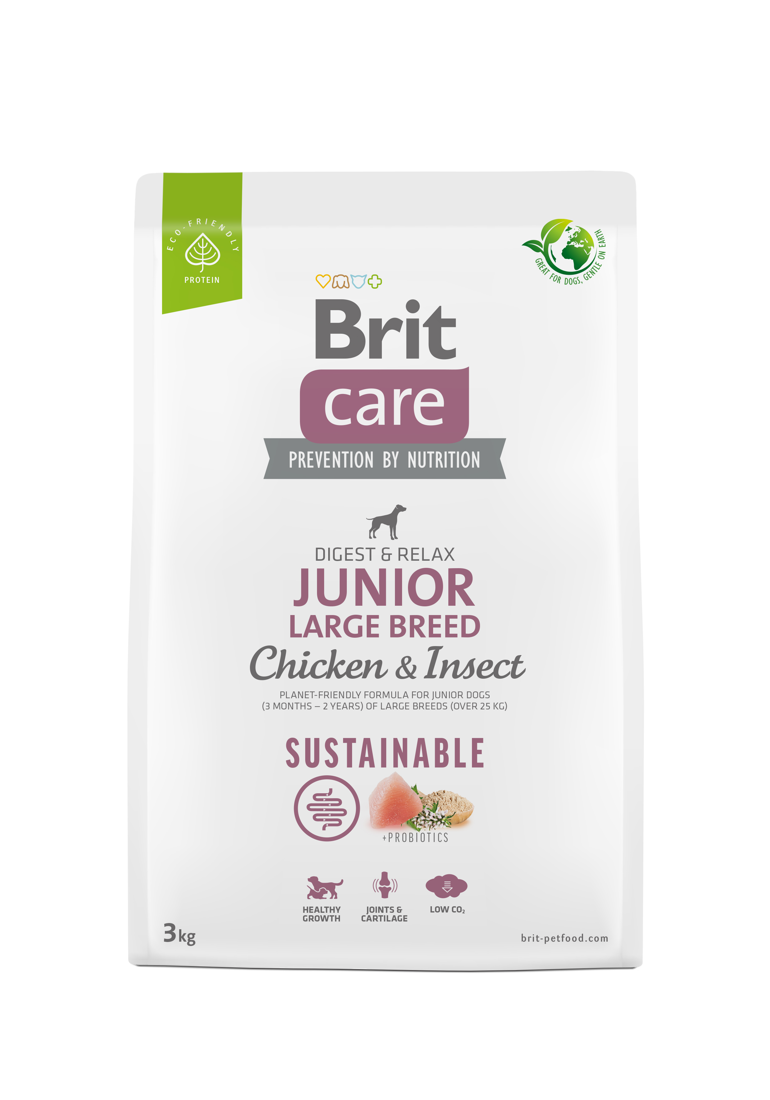 Brit Care Dog Sustainable Junior Large Breed, kurczak i owady, 3 kg Pełnoporcjowa karma dla młodych psów dużych ras