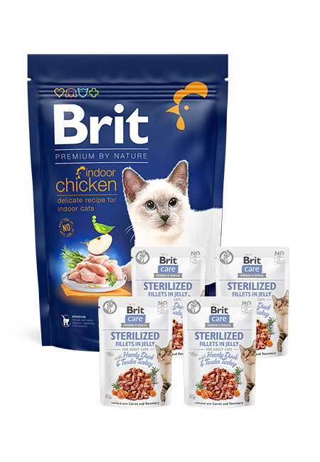 Zestaw Brit Cat Indoor 1,5kg + 4x85g Fillets Sterilized Kaczka i indyk Zestaw pełnoporcjowej karmy suchej i mokrej dla kotów dorosłych